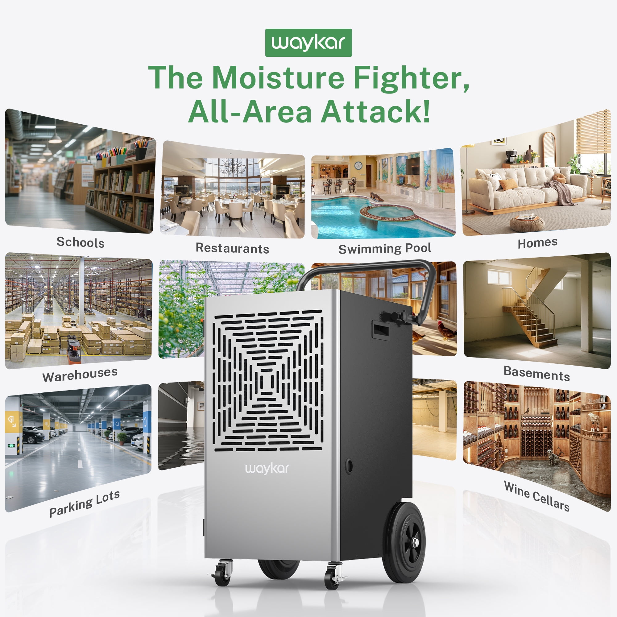 Waykar 155 Pints Commercial Dehumidifier for Large Spaces up to 7500 Sq.Ft with Pump, Smart Humidity Control, Auto Defrost, 24H Timer - for Basements, Warehouses, Home, Office