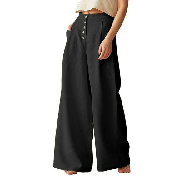 ShomPort Wide Leg Pants for Women Cotton Linen High Waist Dressy Palazzo Pants Summer Casual Long Pants with Pockets (X-Large, Black)