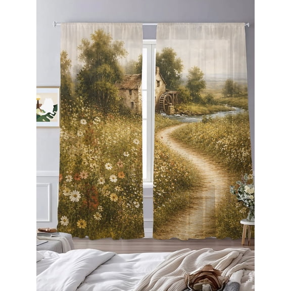 Farmhouse Floral Country Lane Chiffon Sheer Curtains 84 Inches Long Retro Nature Scenery Rod Pocket Window Curtains Voile Drapes Curtains for Living Room Bedroom,2 Panels