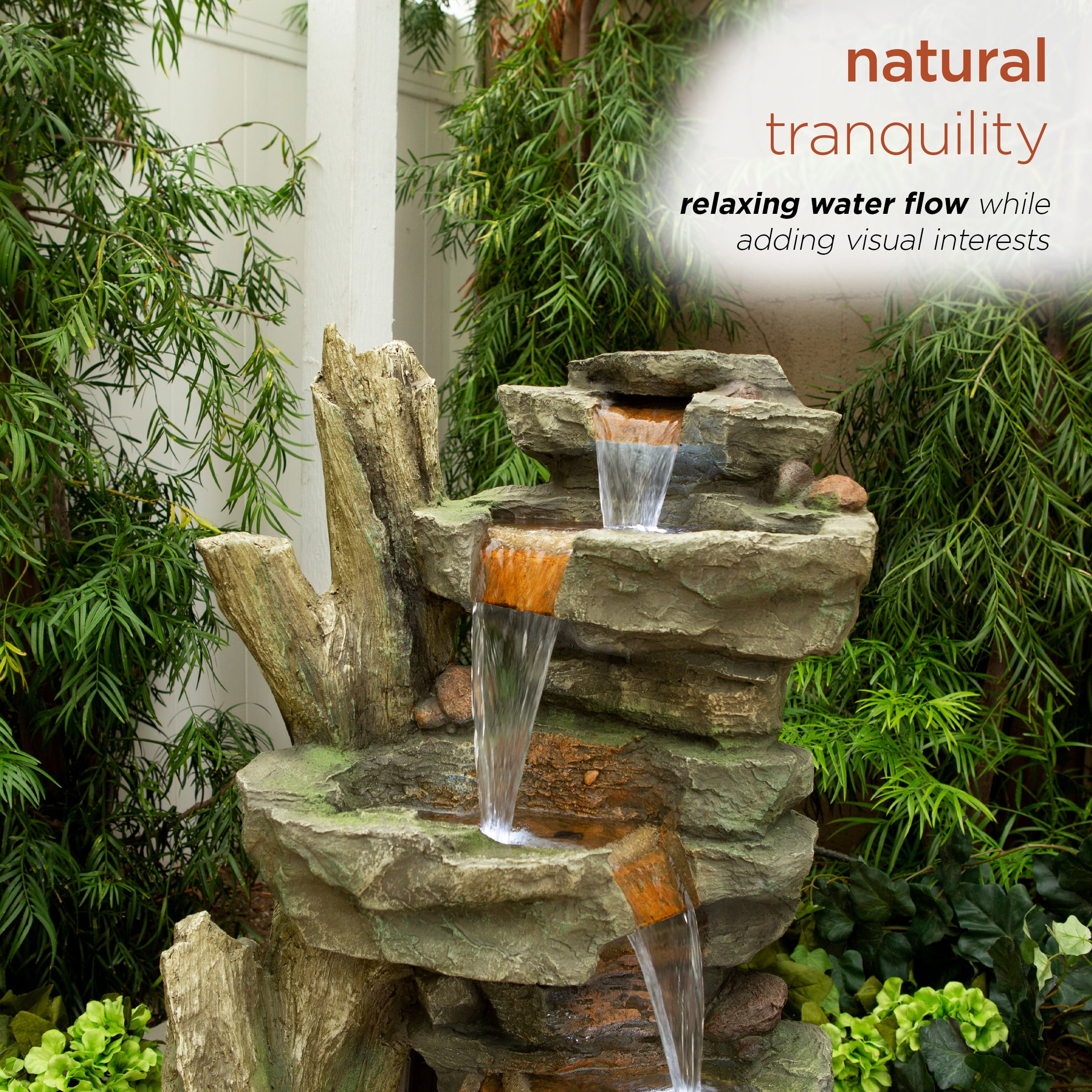 Alpine 39" Outdoor Multi-Tier Stone Tower Waterfall Electric Fountain with LED Lights
