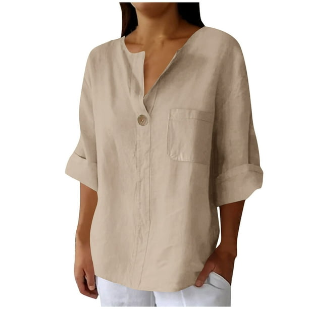 Vestidos Casuales Para Mujer, Blusas De Mujer De Moda Camisa de lino con cuello en V y bolsillo abotonado para mujer, informal, con escote en V de un cuarto