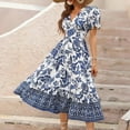 thumbnail image 2 of ZOELNIC Women Floral Maxi Dress Short Puff Sleeve V Neck Bohemian Flowy Smocked Long Dress, S, 2 of 10