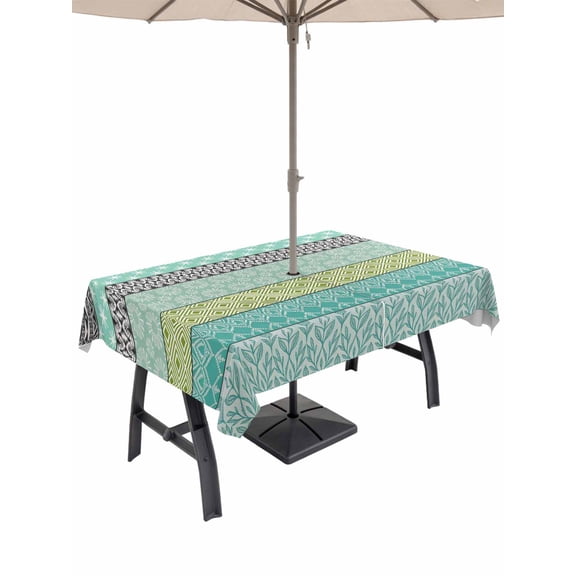 Outdoor Tablecloths with Umbrella Hole & Zipper, Teal Black Boho Rectangle Tablecloth 52x70 Inch, Vintage Ethnic Tribe Abstract Art Waterproof Table Cloth, Patio/Pool/Picnic Table Covers