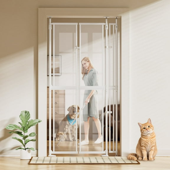 74-98" Extra Tall Cat Gate, 33.86-41.34, Transparent Double Doors, No Drilling Pressure Mount Pet Gate for Doorways/Stairs/Kitchen/Home, Auto Close, White