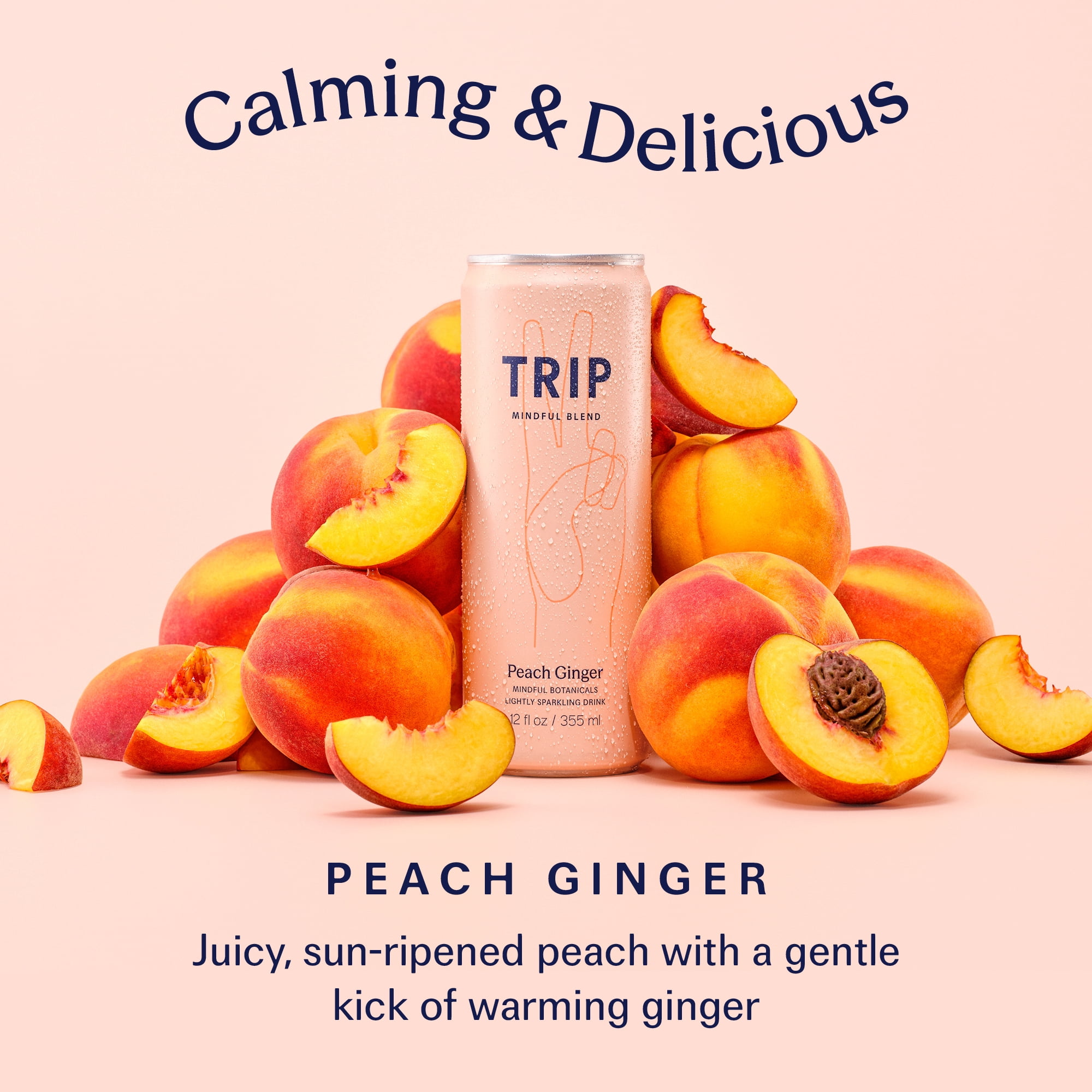 TRIP Sparkling Magnesium Drink, Peach Ginger Flavor, 12 oz, 12 Pack, Adaptogen Drink With Ashwagandha and Lions Mane