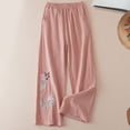 thumbnail image 2 of Palazzo Pants for Women Spring Summer Cotton Linen Floral Embroidery Elastic Waist Wide Leg Flowy Beach Pants with Pockets, 2 of 4