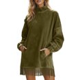 thumbnail image 6 of Women's Dress Long Sleeve High Neck Loose Fit Solid Color Suede with Pockets and Tassel Detail Midi Dress for Spring Fall,Green,L, 6 of 7