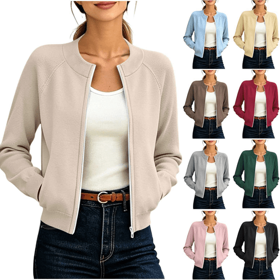 Zeijnsda Women's Short Coats Casual Crew Neck Long-Sleeved Outercoats Womens Solid Color Zip-Up Jackets Thin Comfy Spring Outfits Cardigan