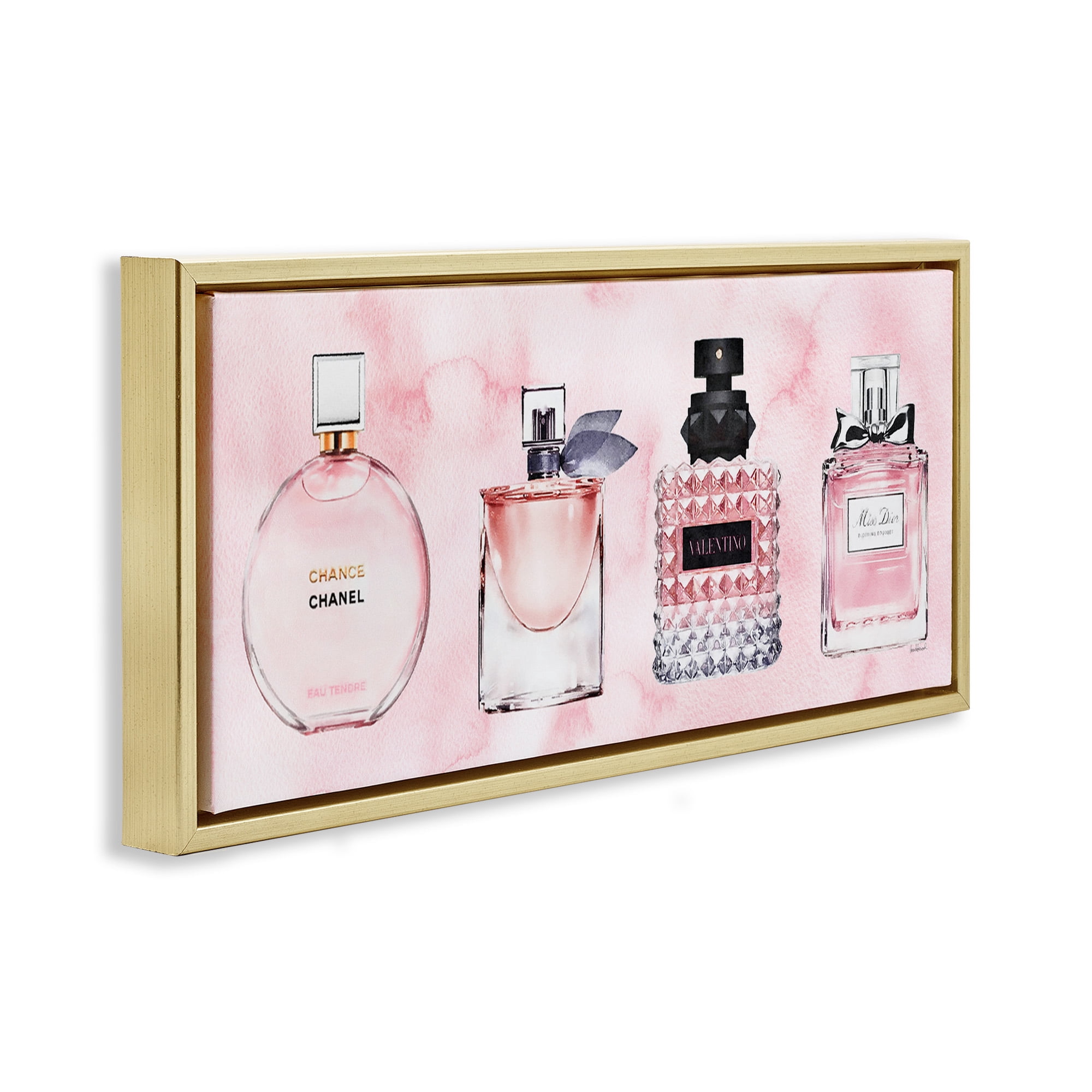 Stupell Industries Pink Fashion Fragrance Bottles Beauty & Fashion Painting Gold Floater Framed Canvas Art Print Wall Art, 31 x 14