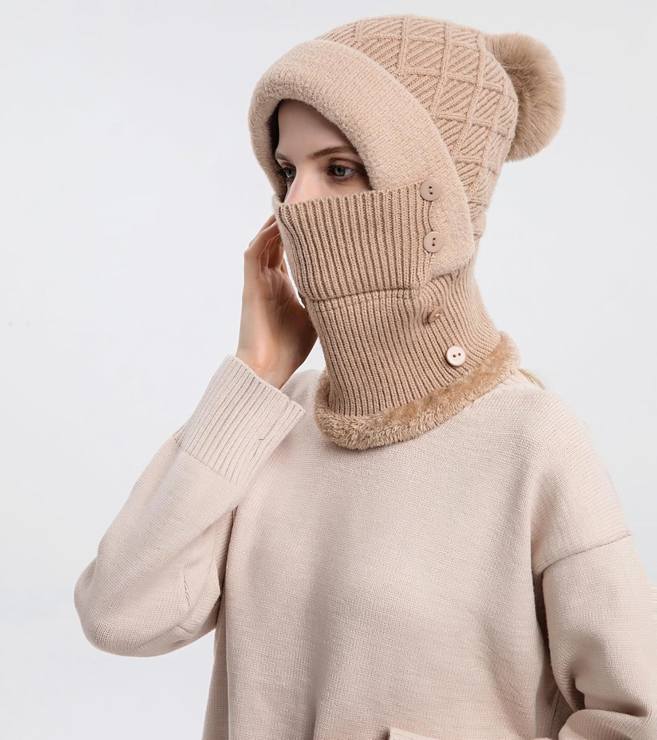 YooGuoGuo Women Winter Beanie Hats One Piece Fleece Lined Knit Balaclavas Mask Set Skull Neck Circle Scarf Ski Snow Hat Pompom