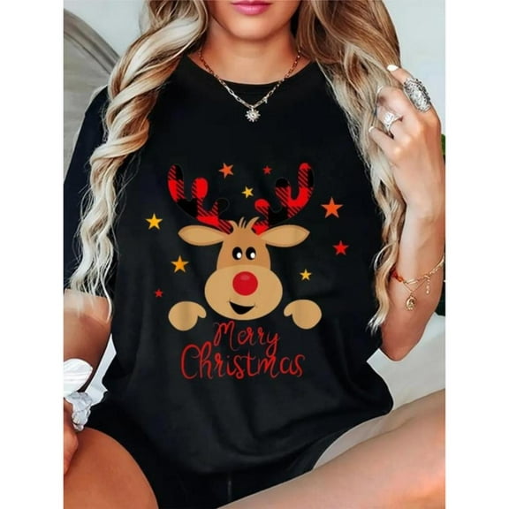 Women's Reindeer Merry Christmas Graphic Cotton T Shirt Comfortable Short Sleeve Round Neck Top Black S-5XL