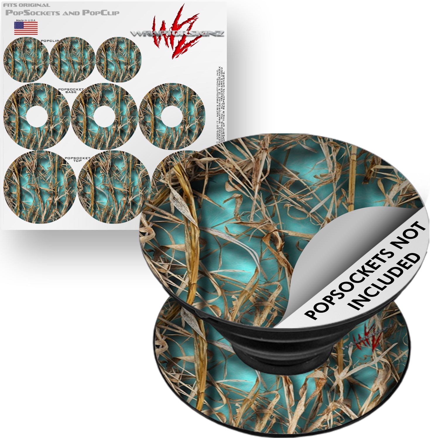 Decal Style Vinyl Skin Wrap 3 Pack for PopSockets WraptorCamo Grassy Marsh Camo Neon Teal (POPSOCKET NOT INCLUDED) by WraptorSkinz