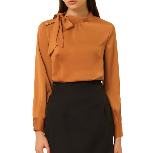 Camisa de satén elegante de INSPIRE CHIC con lazo para mujeres, blusas de trabajo de oficina marrón rojo XL