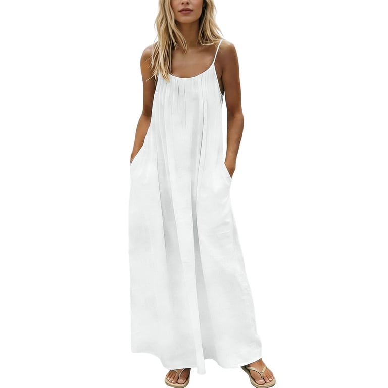Backless Cami Dress Plus Size Sleeveless Beach Vacation Backless Maxi Dress  Summer，White，3XL
