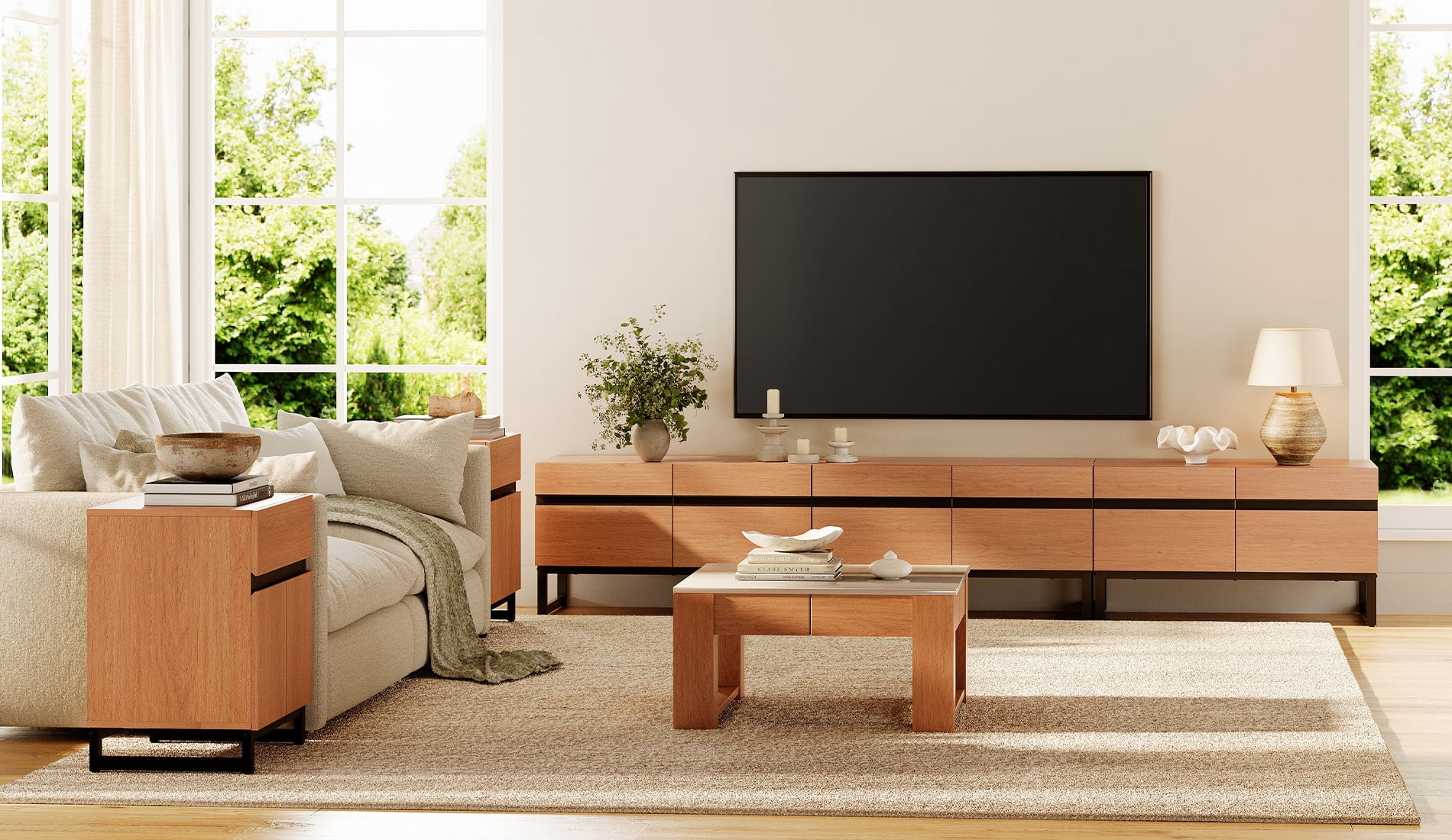 Modern 3-Piece Living Room Set, 106 Inch TV Stand And 2 End Table Sets With Drawers, Media Console with Storage Shelves, Sturdy Wood Frame & Metal Legs, Contemporary Furniture for Living Room,Mocha