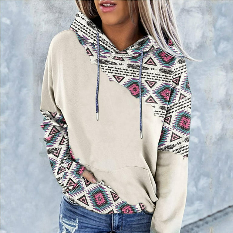 HAPIMO Savings Sweatshirt for Women Pocket Drawstring Pullover Tops Weatern  Vintage Ethnic Graphic Print Long Sleeve Relaxed Fit Womens Hoodie  Stitching Sweatshirt Teen Girls Clothes Gray L 