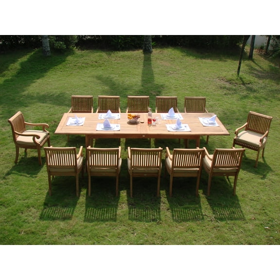 Teak Dining Set:10 Seater 11 Pc - Very Large 122" Caranasas Double Extension Rectangle Table 10 Giva Arm / Captain Chairs Outdoor Patio Grade-A Teak Wood WholesaleTeak #WMDSGV16