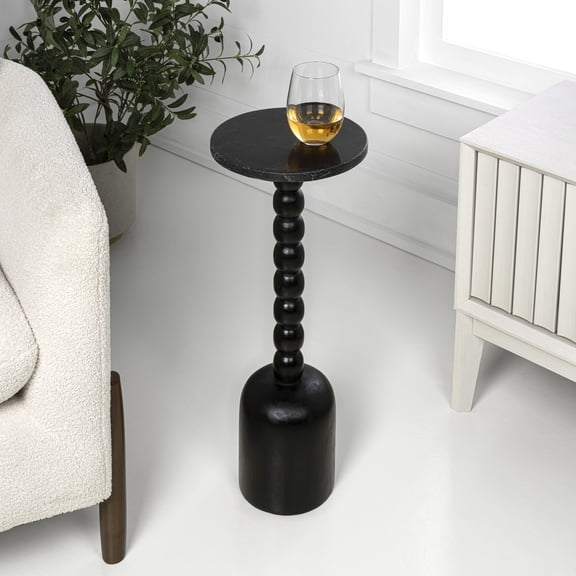JONATHAN Y Turner 24.5" Designer Cottage Spindle Wood Column Drink Table and Decorative End Table with White Marble Round Top, Black, END3002B
