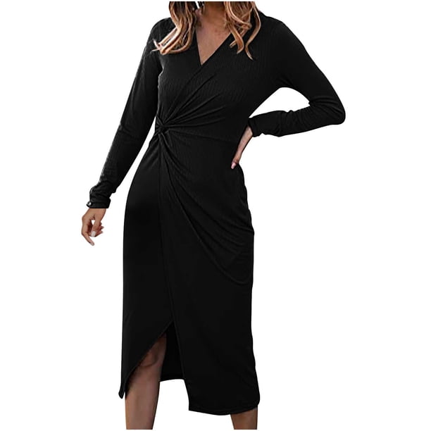 Vestido de manga larga con cuello en V para mujer, cómodo, informal, de invierno, a la moda Pompotops hdfakjf8311