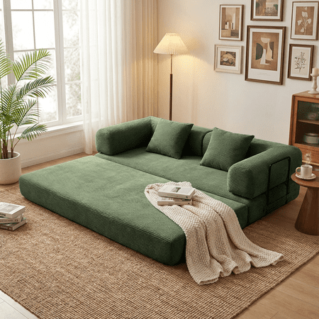 Convertible Sofa Bed No Assembly Needed, 2-in-1 Futon Sleeper with Removable Pillows, Velvet Corduroy Space-Saving Couch for Apartments, Guest Room, Dorm, 78.7" L x 35.4" W, Green