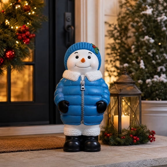 Cute Christmas Snowman Resin Figurine Decoration, 7.8" Playful Smiling Snowman with Hat & Warm Jacket Accent Vibrant Statue for Holiday Porch Mantel Fireplace Shelf Home Indoor Decor