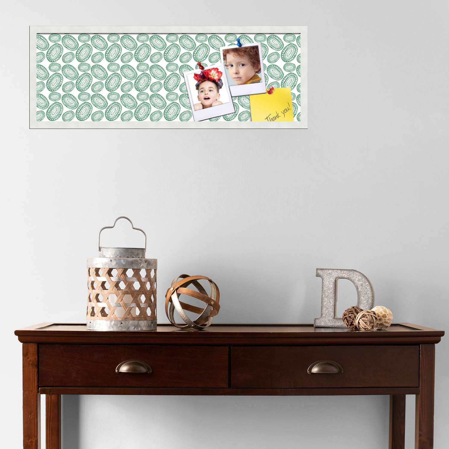 PinPix 36x12 Custom Cork Bulletin Board Bohemian Circles Green Poster Board Has a Fabric Style Canvas Finish, Framed in Bohemian Circles Green, by ArtToFrames (PinPix-1586)