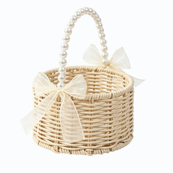 Twfbrm Rattan Storage Basket, Reusable Hanging Flower Basket with Lace Bows and Pearl Handle, Small Boho Handwoven Wicker Basket for Party, Weddings, Girl, Home Decor