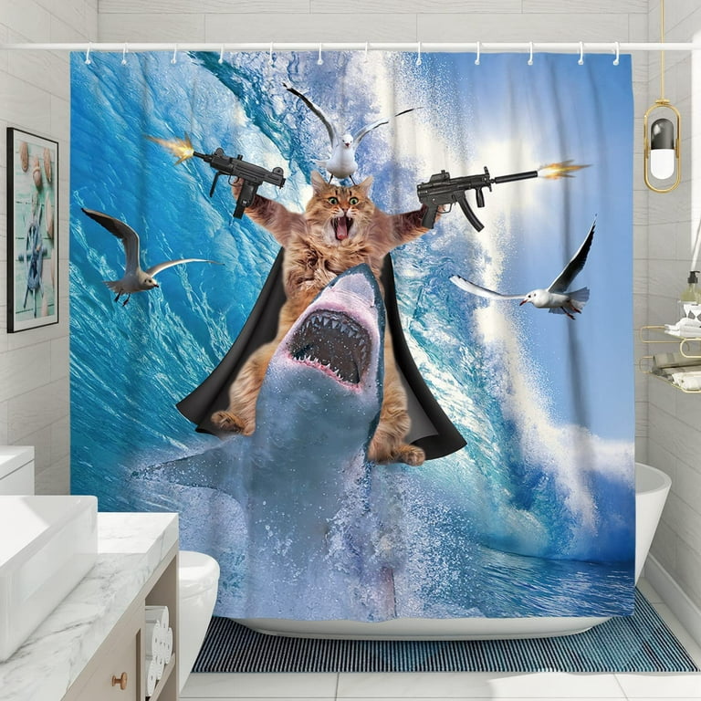 Funny Cat Shower Curtain Set Riding Shark Theme Ocean Curtains For Bathroom Fun Nautical Kids Decor Polyester Fabric 72 X Com