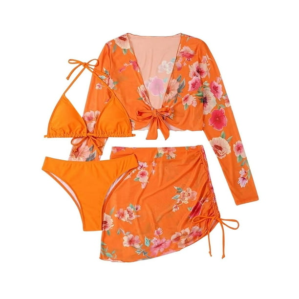 Cethrio Bathing Suit for Women Solid Strap Deep V Sexy Split Set Four Piece Set Swimwear Orange