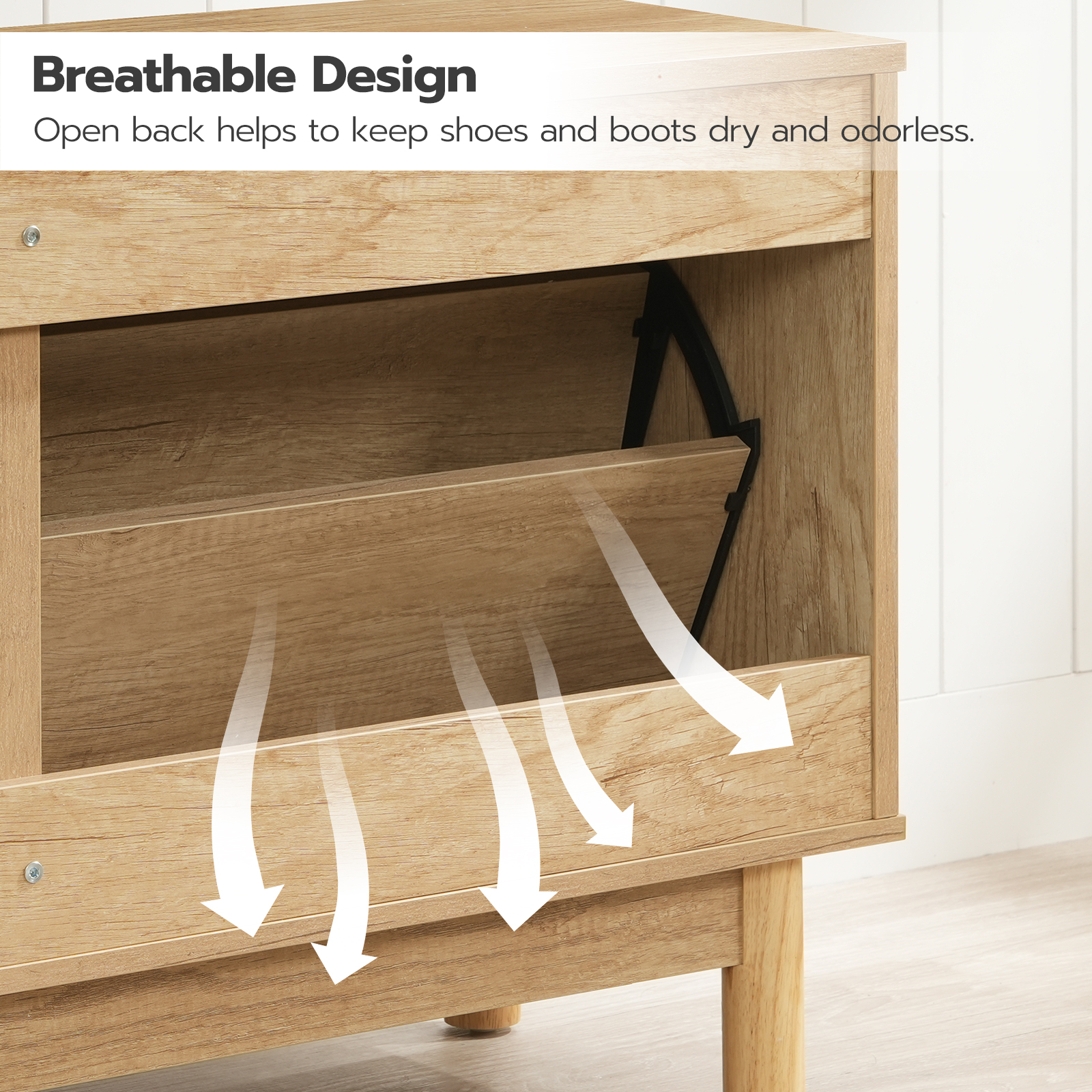 HOOBRO Narrow Rattan Shoe Storage Bench with Flip Drawers, Natural