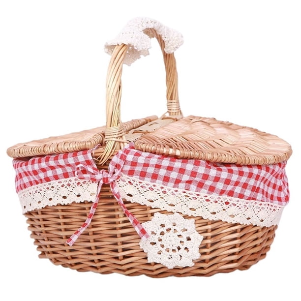 Cesta de picnic de mimbre con tapa y asa, cuerpo tejido resistente con forro lavable for acampar al aire libre