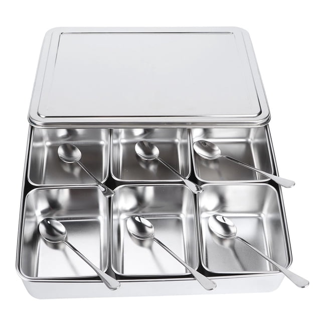 Caja de condimentos de acero inoxidable de 6 rejillas, juego de recipientes de almacenamiento con cucharas, utensilios de cocina