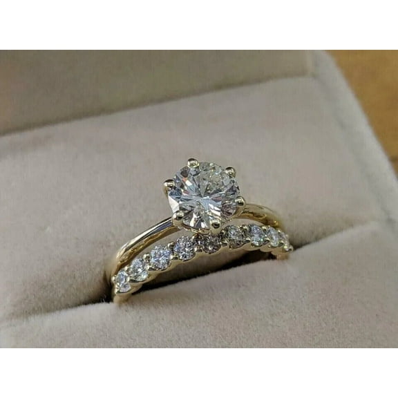 6 Prong Ring With Eternity Band, Round Cut Diamond Bridal Set Engagement Ring 14K Yellow Gold Finish Silver