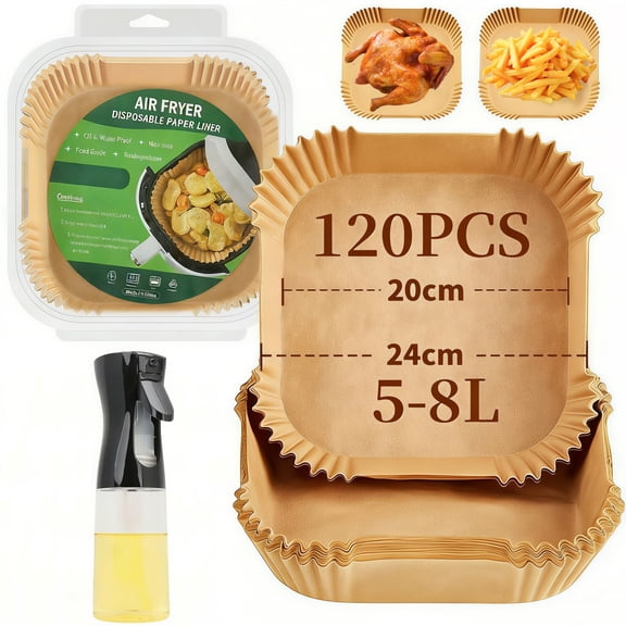 START MAKERS 120 PCS 9.4-inch Square Air Fryer Liners with 200ml Oil Spray Bottle, Non-stick, Oil-proof, Waterproof Parchment Paper for Air Fryer, Oven, and Baking