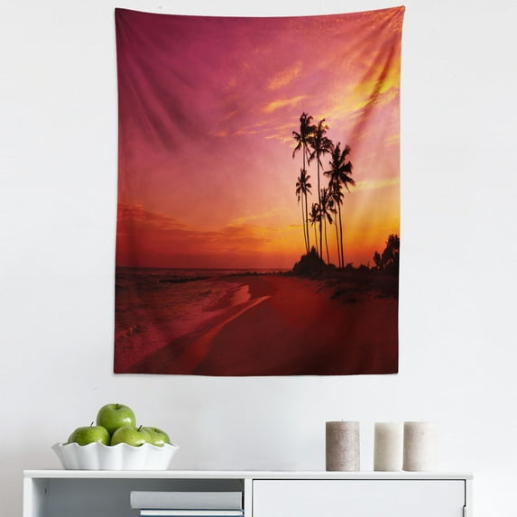 Ocean Tapestry, Exotic Beach Photo over the Ocean Hawaii Palm Trees at Sunrise Summer Wonderland, Fabric Wall Hanging Decor for Bedroom Living Room Dorm, 5 Sizes, Red, by Ambesonne