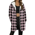 thumbnail image 2 of Zedker Elegant Plaid Prints Casual Hooded Long Sleeve Zipper Jackets for Women, Comfy Inner Fleece Hood Cord Loose Tops with Pockets,Pink,M, 2 of 5