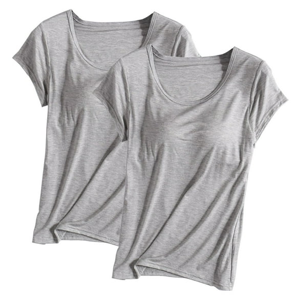 Fancifize Women's 2Pc Pajama Tops With Built In Bra Short Sleeve Shirts Crew Neck Lightweight Casual Loungewear Sleepwear