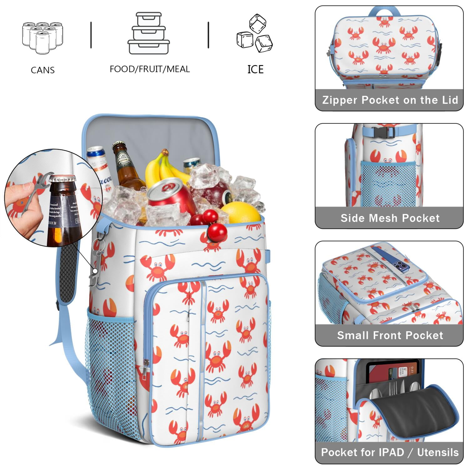 Marine Adorable Crab Cooler Backpack Insulated Waterproof Leak Proof Insulated Cooler Backpack Lightweight Lunch Picnic Camping Backpack Cooler for Office Workers Outdoor Enthusiasts