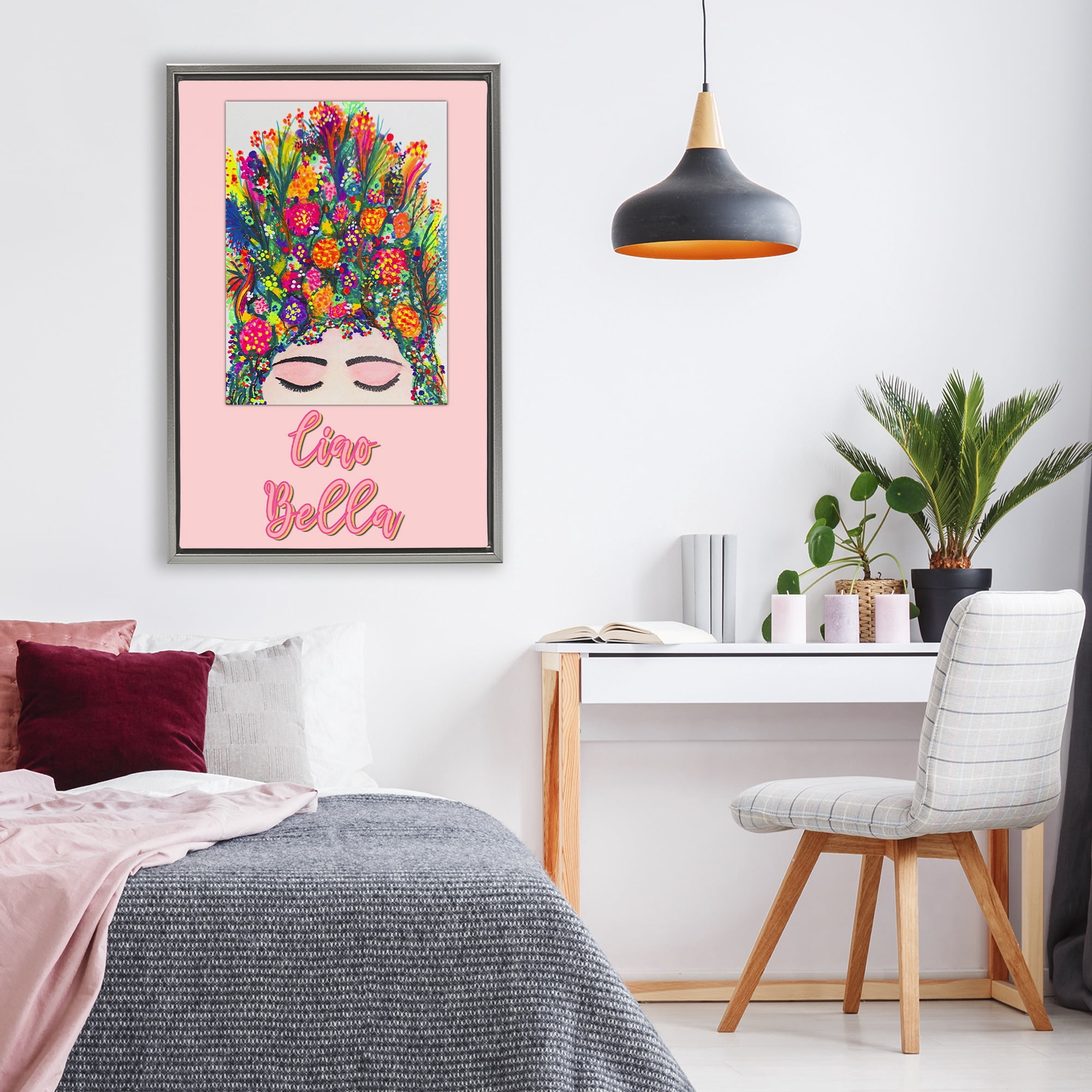Stupell Industries Ciao Bella Floral Woman Gray Framed Floater Canvas Wall Art, design by Pooja Dave