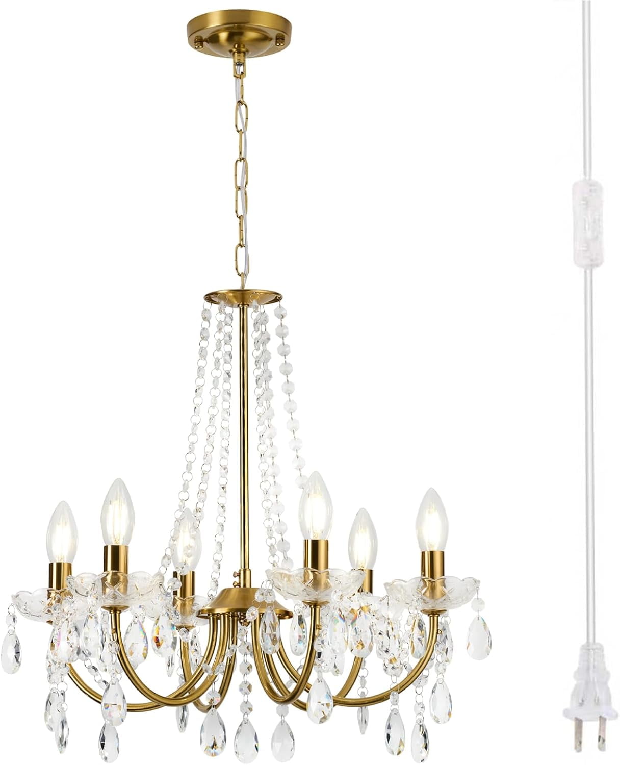 Plug in Crystal Chandelier for Living Room,Golden Hanging Pendant Light with Clear 14.76 ft Cord and On/Off, 6 Light Crystal Chandelier for Wedding, Kitchen, Dining,Foyer