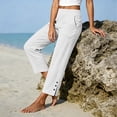 thumbnail image 6 of Women's Cotton Linen Wide Leg Pants Elastic High Waisted Palazzo Trousers with Pockets Button Hem Slit Casual Pant White S, 6 of 6