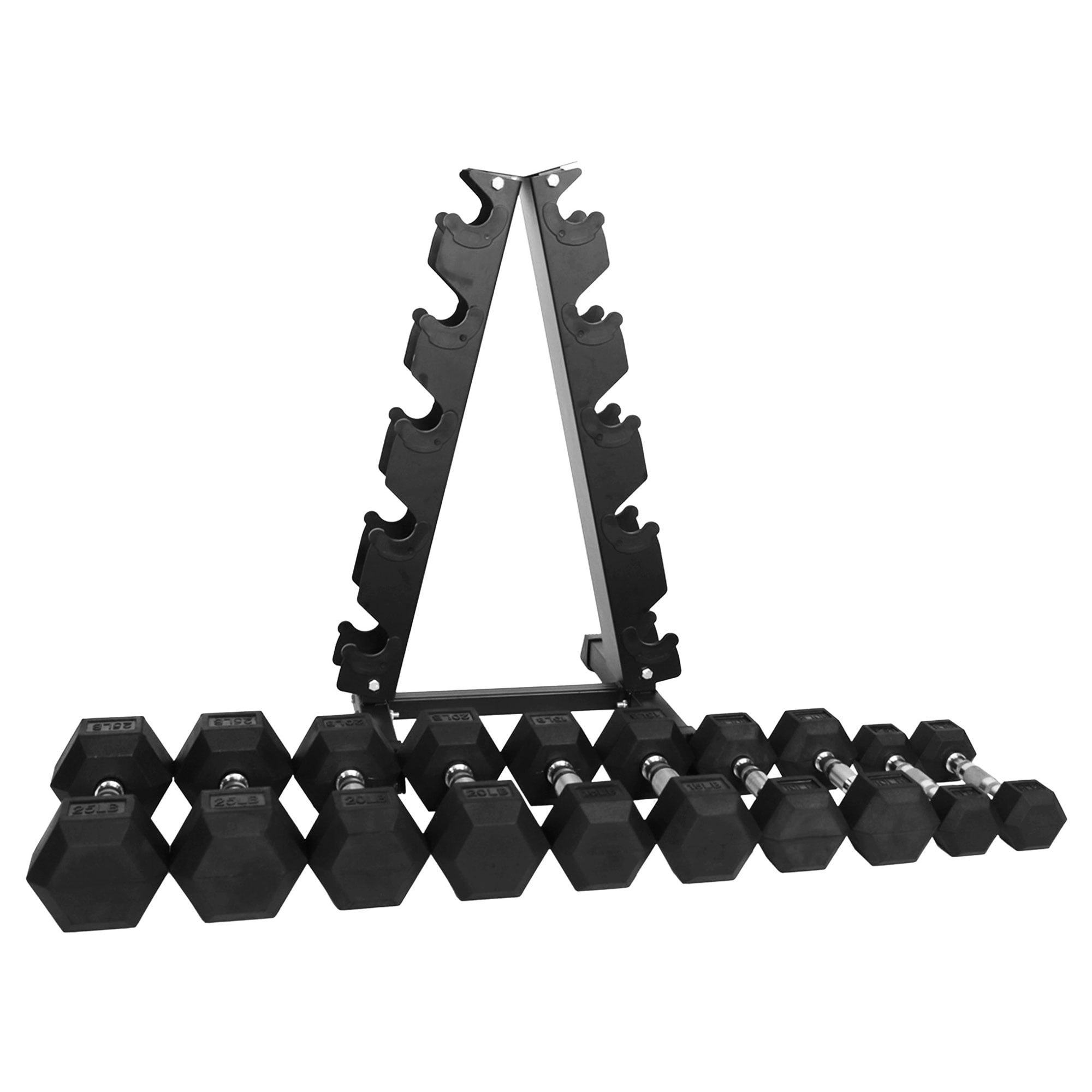 BalanceFrom 150 lb Rubber Coated Iron Dumbbell Hex Weights Set with A-Frame Rack, Black