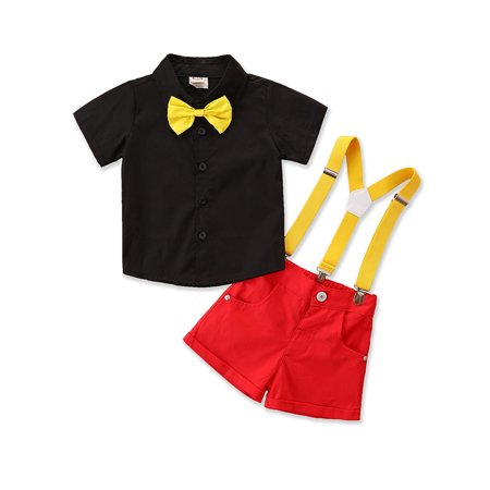 

LAPAKIDS Toddler Boys Formal Outfits Gentleman Suit for Boys Short Sleeve Shirt + Bowtie + Short Suspenders Pants 3-4T