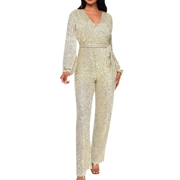 Women Long Sleeve Sequin Jumpsuit Polyester Spandex for Party and Club