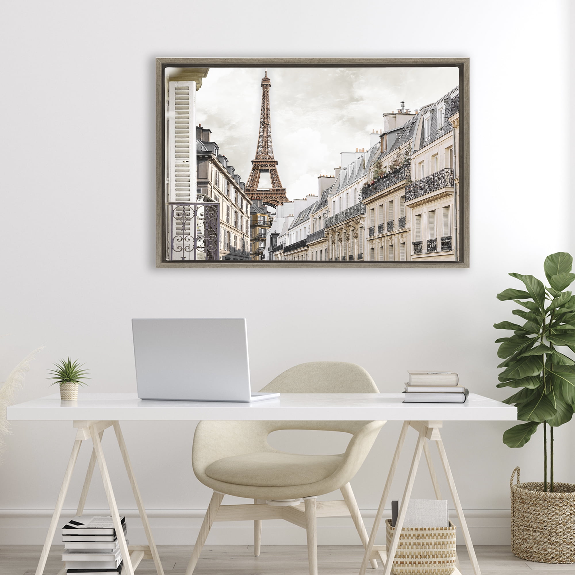 Stupell Industries Eiffel Tower Through Parisian Balconies Brown Framed Floater Canvas Wall Art, design by CAD Designs