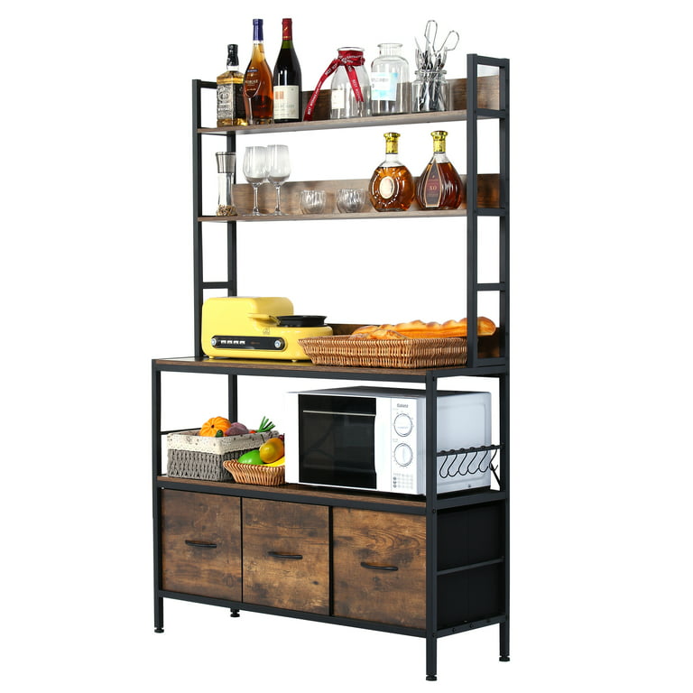 NAIYUFA Kitchen Bakers Rack with Baskets,5-Tier Kitchen Utility Storage  Shelf with Hooks, Microwave Oven Stand Rack, Free Standing Kitchen Shelf