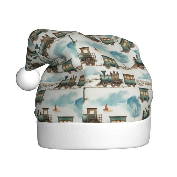 Fuzoiu Transport Train Print Santa Hat Christmas Hat for Adults,Santa Hats with Pompom, Unisex Xmas Holiday Hat for Christmas New Year Festive Party Supplies