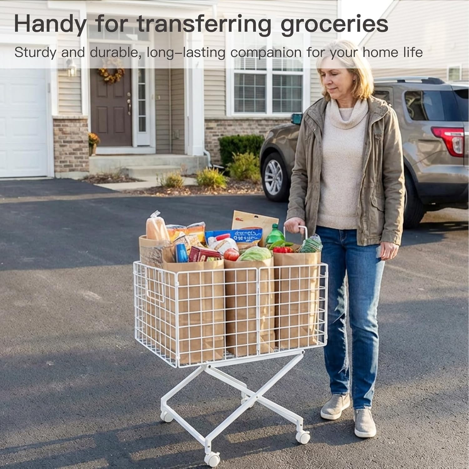 Rolling Laundry Basket with Wheels, 80L Wire Laundry Hamper with Lockable Casters, Sturdy Metal Cart for Clothes Storage, Ventilated Rolling Bin for Bathroom Bedroom (White)
