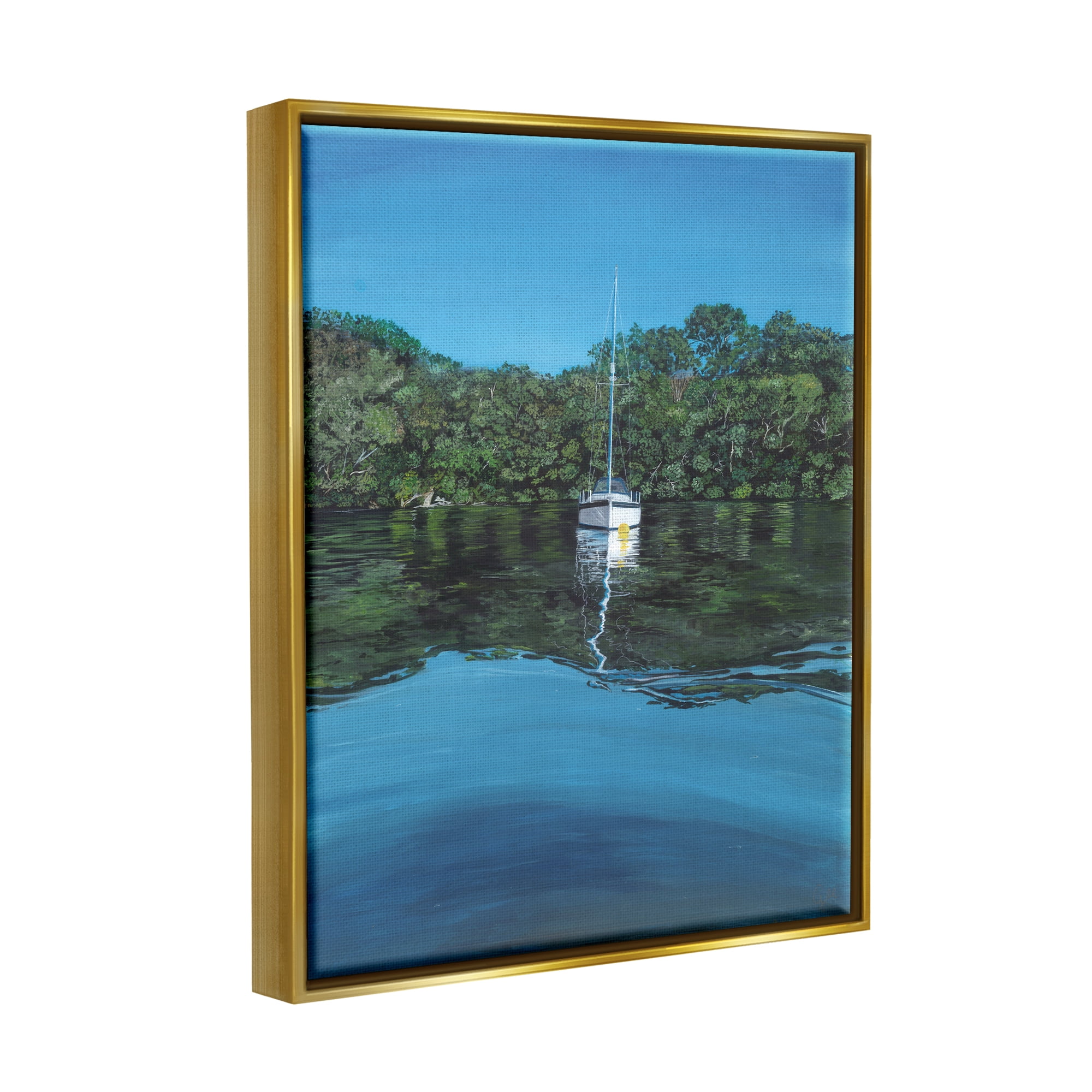 Stupell Industries Boat on Sea Ripples Transportation Painting Gold Floater Framed Art Print Wall Art, 25 x 31