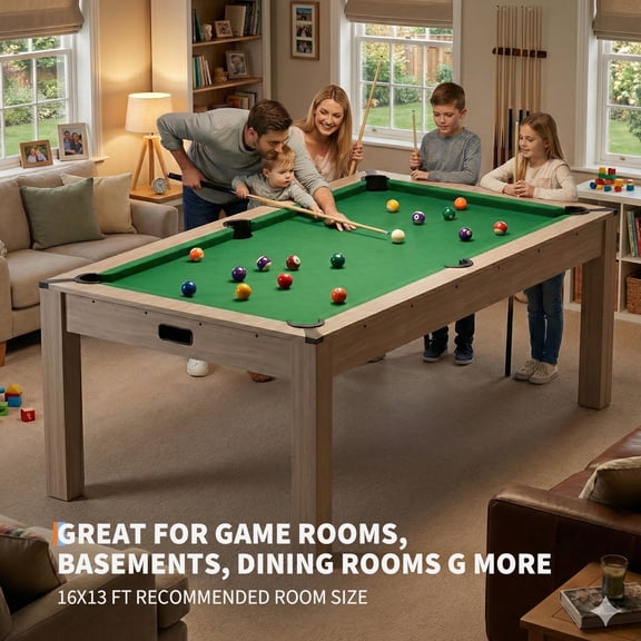 Multifunctional 7 Foot Combo Table, Billiard Dining & Ping Pong 3-in-1 Table with Balls and Cues Set